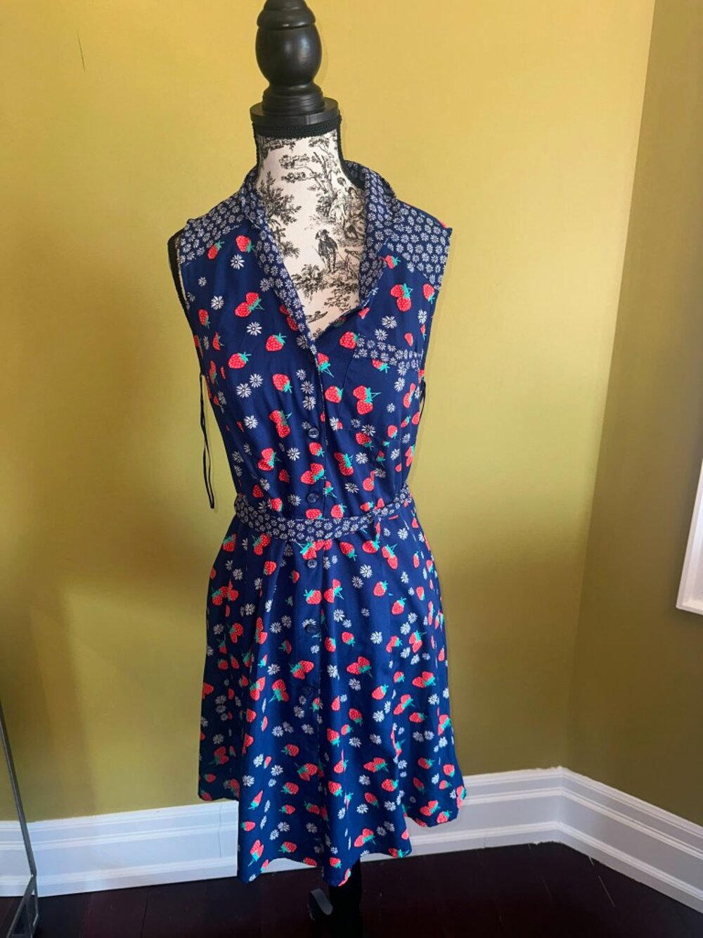 Vintage Retro Strawberry Print Midi Collared Dress Blue Daisy Cottagecore Summer - Picture 3 of 13